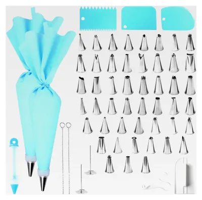Produktbild von 62-teiliges Spritzbeutel-Set mit Tüllen, Torten-Zubehör aus Edelstahl, wiederverwendbare Silikon-Spritzbeutel, Spritztüllen-Set für die Dekoration von Cupcakes, Torten und Keksen