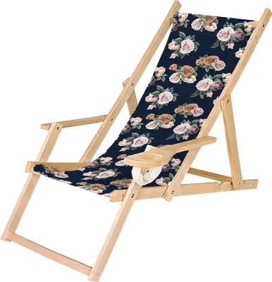 Produktbild von Holz Liegestuhl Klappbar Klappliegestuhl mit Armlehne und Getränkehalter Strandstuhl Motiv Vintage Rosen [119]