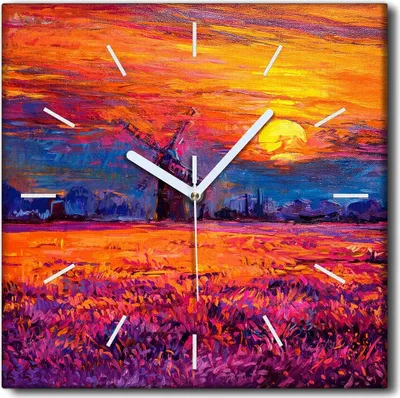 Produktbild von Coloray Uhr auf Leinwand 30x30 cm Wand Uhr Dekoration Wohnzimmer Segeltuch weiße Zeiger -Sonnenaufgang-Mühle