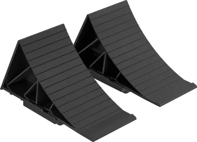 Image de XPOtool Lot de 2 Cales de roue – 220 x 90 x 110 mm – en HDPE robuste – Capacité max. 1,6 t – Sabot d’arrêt automobile pour Véhicule Remorque Voiture Camping-car Caravane – Bloque-roue Cales de frein