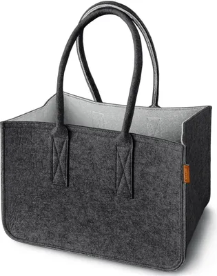 A dark gray felt shopping basket with orange tag on the side, shown against a white background.