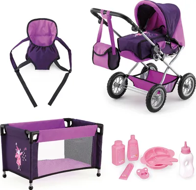 Produktbild von Bayer Design 15012AB Puppenwagen Grande Set mit Puppenbett, verstellbarer Griff, wandelbar als Jogger, Tasche, lila