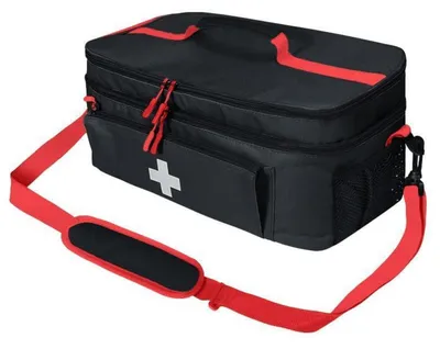 Image de Trousse de premiers secours noire avec bandoulière, étanche et robuste