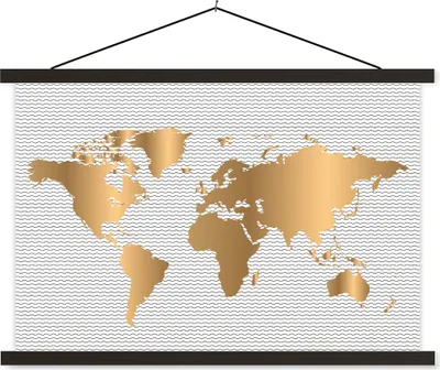 Produktbild von MuchoWow® Textilposter Weltkarte - Gold - Muster - Kinder - Jungen - Mädchen 90x60 cm mit schwarzem Rahmen - Aufhängungssatz