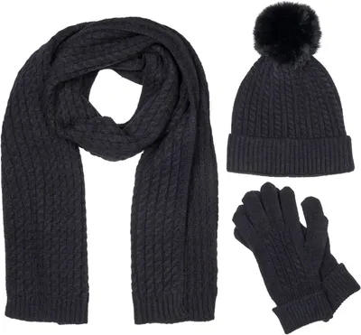 Image de Ensemble femme styleBREAKER, 3 pièces : écharpe, bonnet à pompon et gants. Écharpe tricotée à motif torsadé, chaude, idéale pour l'hiver, unie. Référence : 01018270