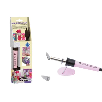 A collage showing a pink mini iron and its packaging, with various craft project examples.