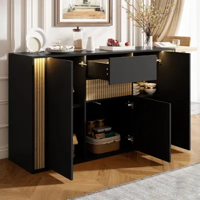 Produktbild von Sideboard/Kommode mit 3 Türen, 1 Schublade und verstellbarer LED-Beleuchtung, 140x40x82 cm, Schwarz + Natur