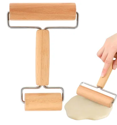 Immagine prodotto di Solidchoice - Matterello in legno con due rulli, ideale per la pasta della pizza e per dolci