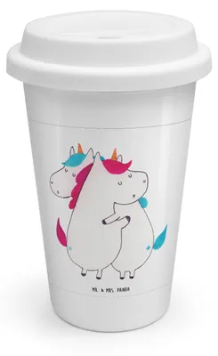 Produktbild von Mr. & Mrs. Panda Thermobecher Einhörner Umarmen - Weiß - Geschenk, ToGo Kaffeebecher, To Go, Liebe, Schwestern, Unicorn, Familie, Einhorn, Mehrwegbecher, BFF