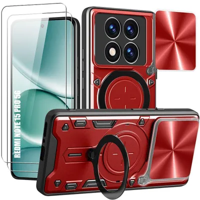 Image de Coque + 2 Verres Trempés pour Xiaomi Redmi Note 15 Pro 5G, Antichoc avec Protection Caméra - Rouge