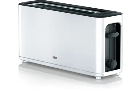 A white Braun toaster with black accents is shown against a white background. The toaster has a sleek, modern design.