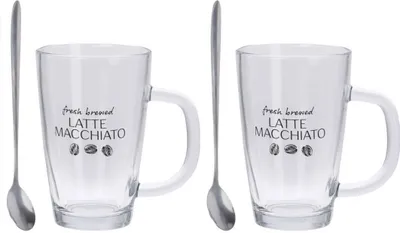 Obrázok produktu pre Latte Machiatto Set Excellent Houseware, žiaruvzdorné sklo/nehrdzavejúca oceľ, 7,8x12 cm, 300 ml, transparentné/strieborné