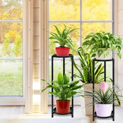 Produktbild von Pflanzenregal mit 2 Etagen, Blumenregal für draußen, Set von 2 Blumenständern, Pflanzenständer, für drinnen, Metall, schwarz, für Balkon, Garten, Wohnzimmer