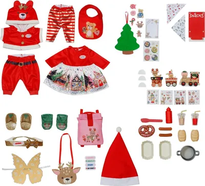 A collage of various doll clothing and accessory items, many with a Christmas theme.