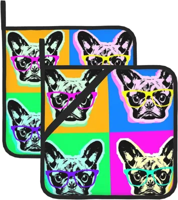 Produktbild von Topflappen, isolierter Topflappen, dick, hitzebeständig, zum Grillen, Kochen, Backen, 2 Stück,Pop-Art der französischen Bulldogge