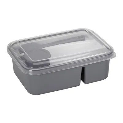 Produktbild von Lunchbox Kunststoff 2-Fächer ca. 1,8 L – Brotdose mit Besteck & Soßendose Spülmaschinenfest Brotbox 20x14x7 cm Grau