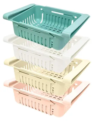 Produktbild von Set mit 4 Kühlschrank-Schubladen als Organizer / Kunststoff Aufbewahrungsbox für den Kühlschrank / Ausziehbare Fridge Organizer (blau, weiß, rosa, beige)