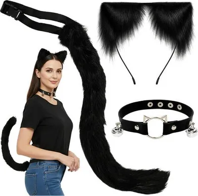 Produktbild von Katzen-/Fuchskostüm-Set - Schwarz, Schwanz, Ohren, Halsband
