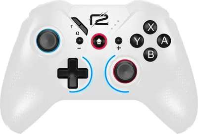 A white gaming controller is shown against a white background.