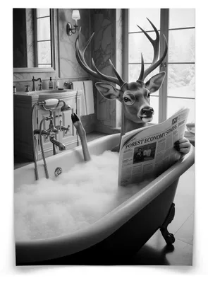 Produktbild von Muralo Poster für Badezimmer WC HIRSCH in Badewanne Zeitung Abstraktion 30x40cm