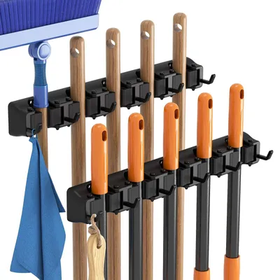 Productafbeelding van Bezemhouder bezemhanger - Wandmontage - Met 5 sleuven en 6 haken - Zwart - Voor keuken en garage