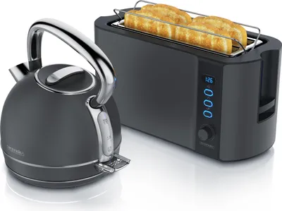 Image de Arendo Breakfast Set acier inoxydable, Bouilloire avec réglage de la température 1,7l, Grille-pain 4 disques à fentes longues, Grille-pain 4 disques, Support à petits pains, Vintage, Cool Grey