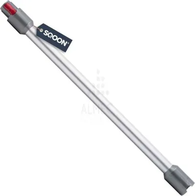 A silver-grey extension tube for a Dyson vacuum cleaner, with a red connector at one end and a grey connector at the other. A black tag with the brand name 'SOOON' is attached to the tube.