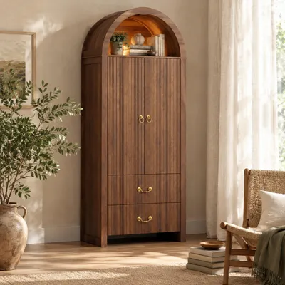 Produktbild von STILVORA Hochschrank mit dimmbarer LED-Beleuchtung, Sideboard mit 2 Türen, Aufbewahrungsschrank mit 2 Schubladen