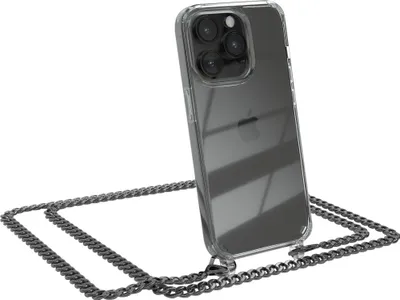 Produktbild von EAZY CASE Metall Handykette für Apple iPhone 14 Pro, Handyhülle mit Umhängeband, Silikonhülle, Metallkette für Smartphone in Grau