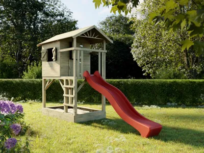 Produktbild von Prestige Garden Braun Grün Stelzenhaus Tree Hut mit Sandkasten, Spielhaus aus Kiefernholz, Kesseldruckimprägniert, Inklusive Leiter und Veranda, Erweiterbar mit Rutsche