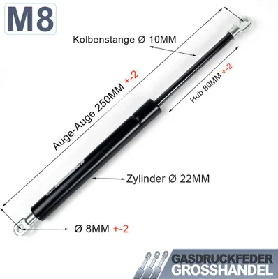 Produktbild von Gasdruckfeder Gasdruckdämpfer Augenaufnahme LÄNGE-250mm HUB-80mm KRAFT-200N