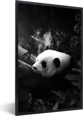 Produktbild von MuchoWow® Gerahmtes Poster Panda mit Schmetterlingen im Dschungel - schwarz und weiß 60x90 cm - Poster mit Schwarzem Bilderrahmen Wandposter Rahmen Foto Bilder - Kunst
