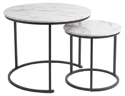 Obrázek produktu pro Sada 2 kulatých konferenčních stolků, Ø 60 cm x 50 cm - bílý mramor / černý rám