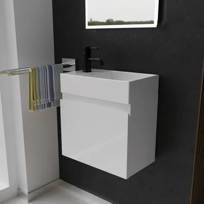 Produktbild von Alpenberger Gäste WC Waschbecken mit Unterschrank 45 cm Breit | Waschtisch Set Klein | Aufsatzwaschbecken Waschtischunterschrank Hängend | Hängeschrank | Waschbeckenunterschrank Weiss Glänzend