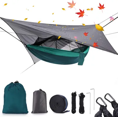 Produktbild von Topchances Camping Hängematte mit Moskitonetz und Tarp, Reise Zeltplane für Outdoor,Wandern,Trekking (Grau+Dunkelgrün)