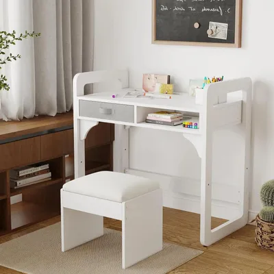 Zdjęcie produktu dla Biurko dla dzieci z krzesłem - Ergonomiczny zestaw - Regulowana wysokość - Szuflada i półki do przechowywania - Konstrukcja drewniana - Dla dzieci w wieku 3–8 lat - Biały