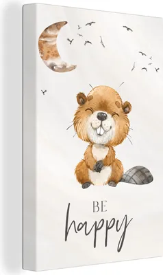 Produktbild von MuchoWow® - Leinwandbilder - Zitate - Glücklich sein - Kinder - Mond - Biber - Aquarell, Wandbild, Wanddeko Bilder Wohnzimmer, 40x60 cm