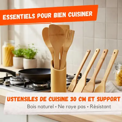 Image de Set Ustensiles de Cuisine en Bois – 30 cm avec Support