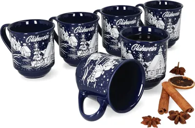 Produktbild von 6er Set Glühweinbecher 0,2L dunkelblau Weihnachtslandschaft Porzellan Glühweintassen geeicht
