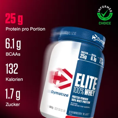 Produktbild von DYMATIZE Whey Protein Pulver Shake Hydrolysat Elite 100% Isolat Strawberry Blast 942 g