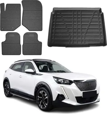 A set of car floor mats and a trunk liner are displayed above a white car.