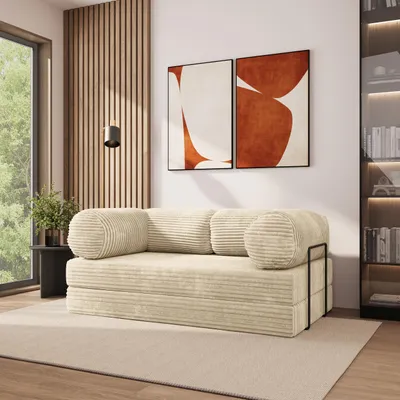 Produktbild von Masseno Schaumstoffsofa ALVIO mit Schlaffunktion, Schlafsofa, Wohnzimmersofa, Couch, Sofa, Bettsofa, Kordstoff – Creme TILIA 03