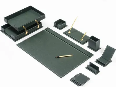 Image de Ensemble de bureau en cuir - VERT - Ensemble d'accessoires de bureau - 12 accessoires - Ensemble d'organisation de bureau - Ensemble de bureau en cuir fait main