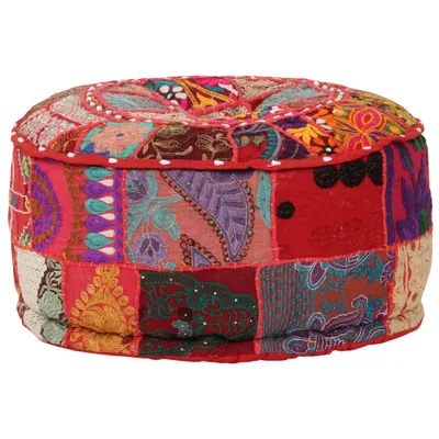 Zdjęcie produktu dla Okrągły puf patchworkowy, ręcznie robiony, 40x20 cm, czerwony