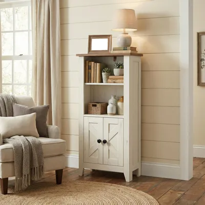 Produktbild von VASAGLE Badezimmerschrank im Landhausstil, Badschrank, offene Fächer, mit Türen, weiß-braun