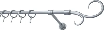 Produktbild von HEXIM Gardinenstange 2m kürzbar Vorhangstange 16mm Komplett inkl. Gardinenringe Haken Dübeln, 3 Farben (silber glänzend, Kringel Endstück)