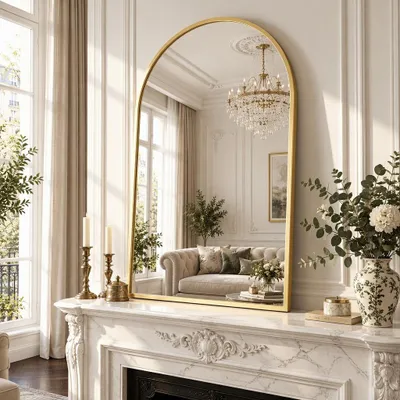 Productafbeelding van INONEFT Wandspiegel, 60x90 cm, Gebogen wandspiegel voor de badkamer, Boogvormig badkamerspiegel met metalen frame, Make-upspiegel voor de slaapkamer, Goud