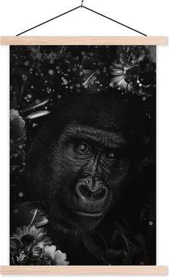 Produktbild von MuchoWow® Textilposter Botanischer Affe mit Glühbirnen auf dunklem Hintergrund - schwarz und weiß 40x60 cm mit holzfarbenen Rahmen - Poster