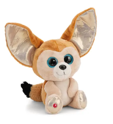 A plush toy fennec fox sitting on a white background.