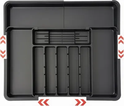 Produktbild von Ausziehbarer Besteckkasten für Küchenschubladen mit 2 herausnehmbaren Messerblöcken und 9 Fächern, verstellbarer Organizer, Schwarz